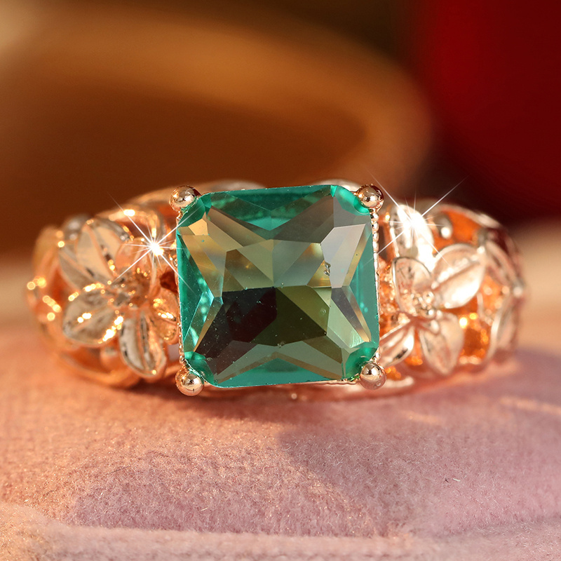 Square Green Tone Synthetic Zirconia Hollow Carved Women's Ring