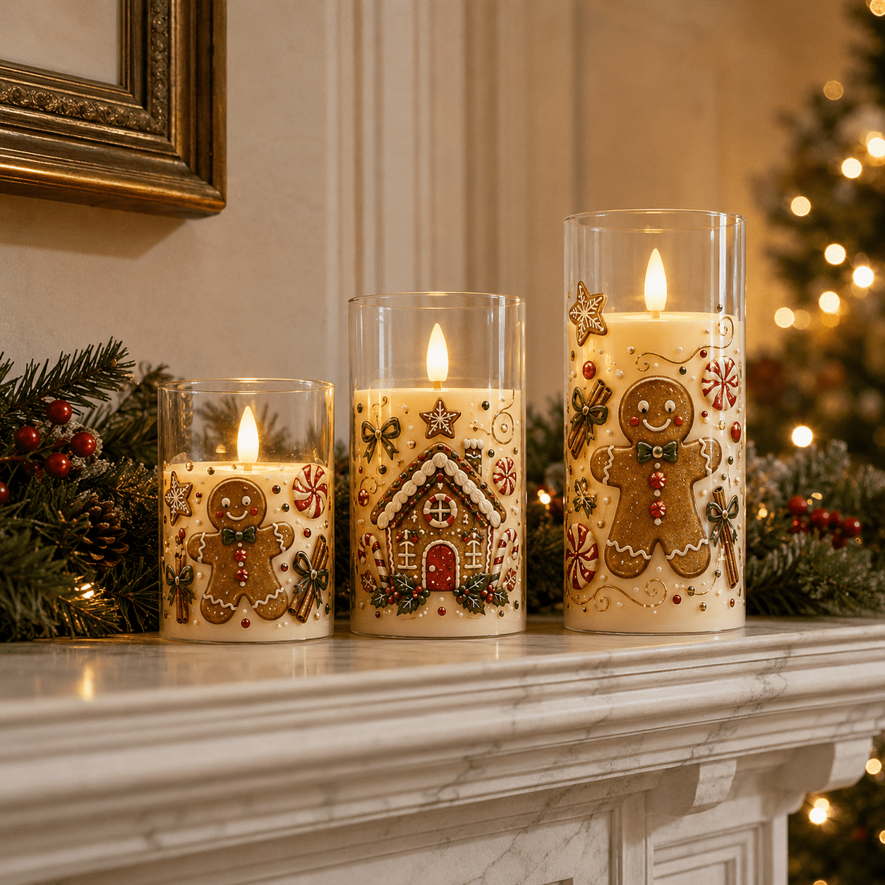 TEMU 3pcs Christmas Acrylic Led Flameless Pillar Candles, Gingerbread For Man & Gingerbread House Print Warm Light Flickering Fake Candles With Candy