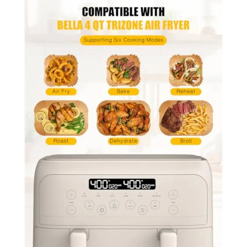 200pcs air fryer paper liners for bella 4 qt airfryer100pcs large for single zone 100pcs small for dual basket nonstick disposable parchment paper baking inserts accessories free of bleach Product details 1