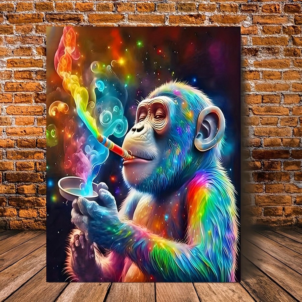 E-shop Lebendige Affen-Canvas-Kunstdruck-Plakat - Farbenfrohe Primaten mit Kaffeetasse, Rahmenloser Exotischer Stil Wanddekoration für Zuhause,