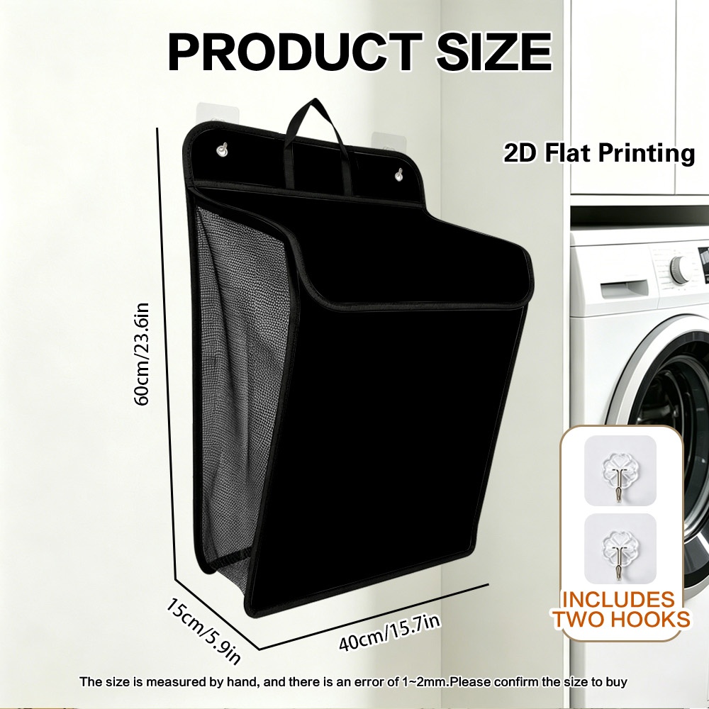 TEMU 2d Flat, 1pc Solid Printing, Wall Mounted Laundry Basket With 2 Hooks, Foldable Dirty Clothes Storage Basket, Suitable For Bathroom Storage,