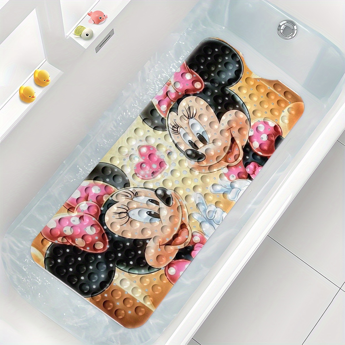 disneys   mouse bath mat features   hearts and bubbles set against a warm colored background in a cartoon style this non slip mat measures 40 100cm 15 7 39 3 inches and provides a comfortable water absorbent surface for your bathroom Product details 0