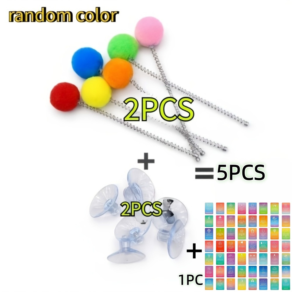 TEMU 5pcs Random Colors Spring Cat Wand X 2pcs, Suction Cup 2pcs, Random Pattern Postcard X 1pc - Interactive Cat Toys, Including Plush Ball, Metal