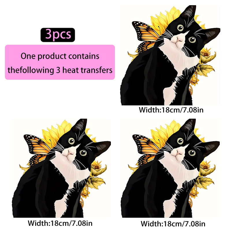 3pcs black and white two tone cute cat pattern transfer stickers multi color and durable diy iron on appliques high quality and fade resistant suitable for backpacks and t shirt printing washable plastic pattern only