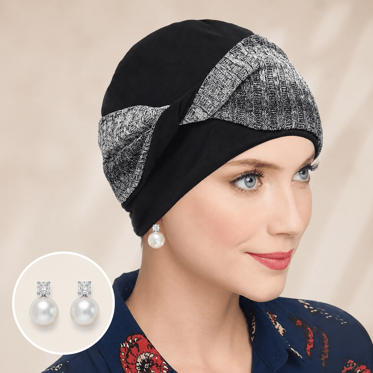 TEMU 2pcs Set 1pc Women Color Block Knotted Turban Hat Soft Stretchy Pre Tied Head 1pair Pearl Drop Earrings Fashion Decorative Head Cover For Church
