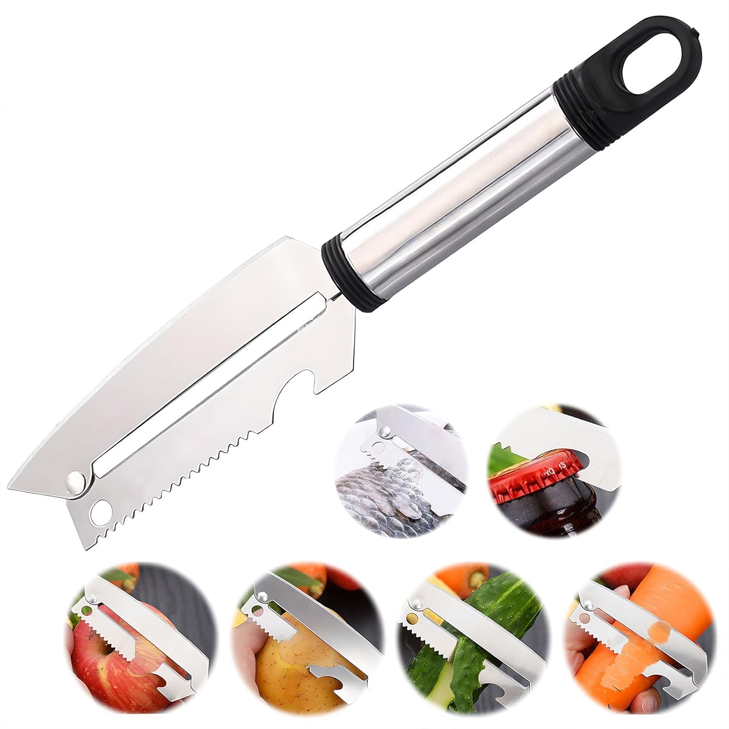E-shop 3-in-1 Schälmesser Multifunktional Edelstahl, verwendet als Obstschäler, Gemüseschneider, Bierflaschenöffner, Fischschuppen-Schaber, Ziermesser,