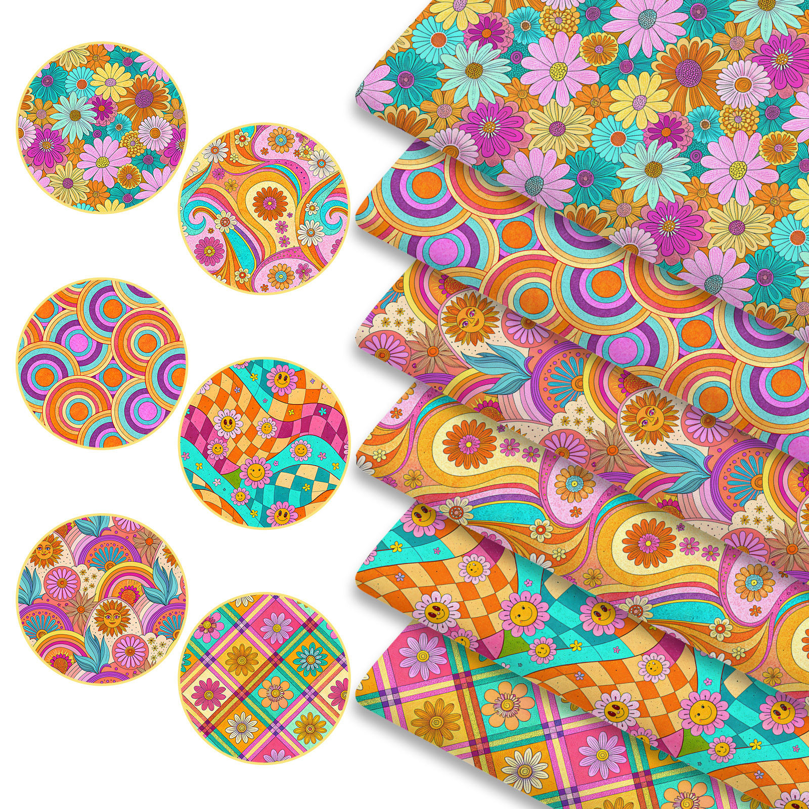 TEMU 6pcs 70s Retro Print Fabric Bundles, 17.72x19.69in Vintage Groovy Fabric Squares For Quilting, Sewing Material For Bedding, Tablecloth, Bags,