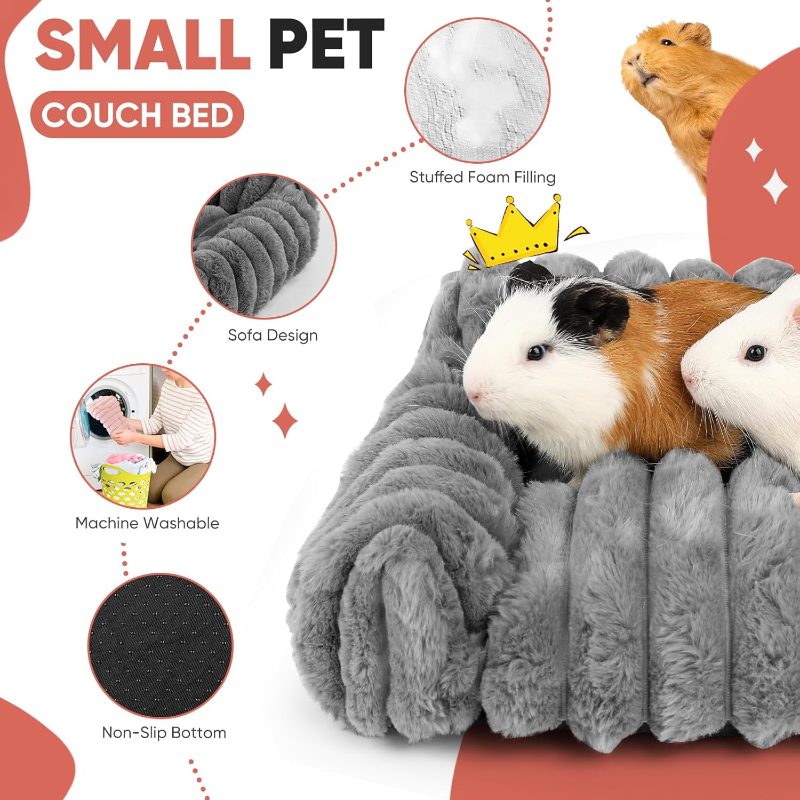 Guinea Pig Couch - Fluffy Small Pet Sofa with with Two Removable Washable Covers, Guinea Pig Bed with Stuffed Arms and Back, Cozy Corduroy Fleece, Pink and Dark Gray Respectively - Image 5
