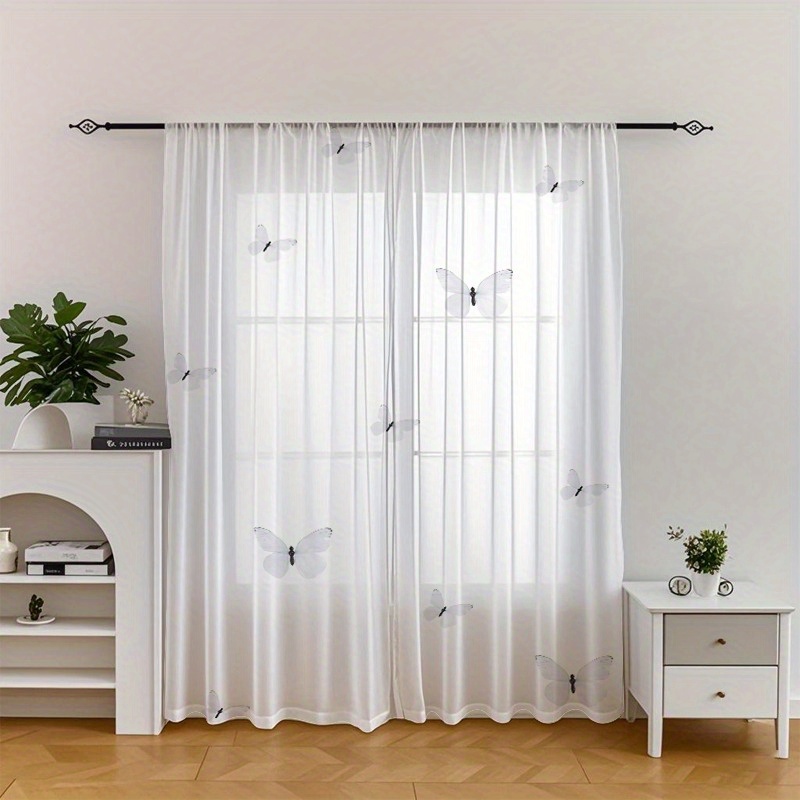 TEMU A Set Of 2 White -patterned Sheer Curtains A Pure And Elegant Atmosphere, Providing Semi-translucent Sun Protection. This Is Suitable For