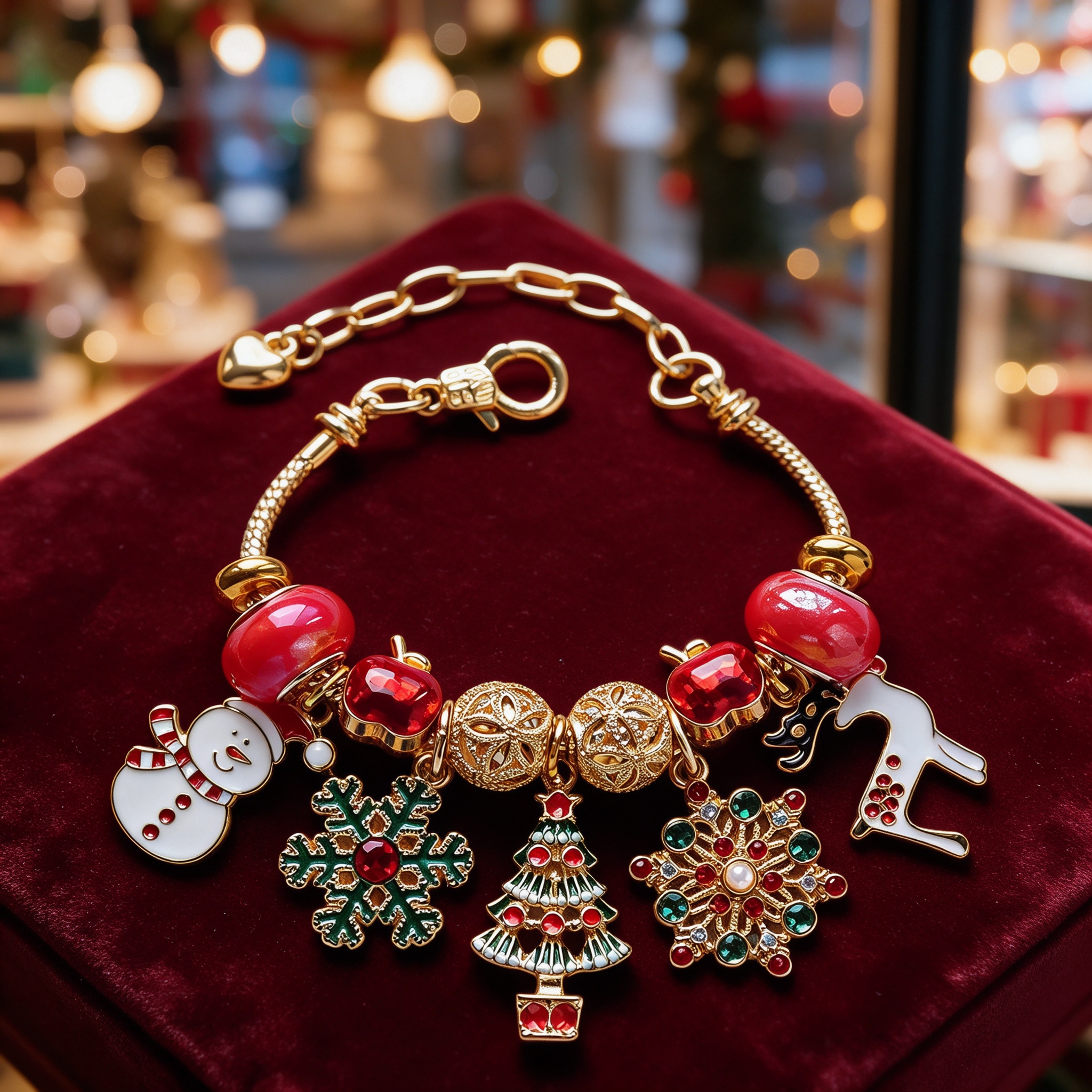 TEMU Golden Christmas Snake Bone Bead Bracelet, Adjustable Holiday Bracelet, Snowman, Snowflake, Christmas Tree, Reindeer Charms, Red Lapis Golden