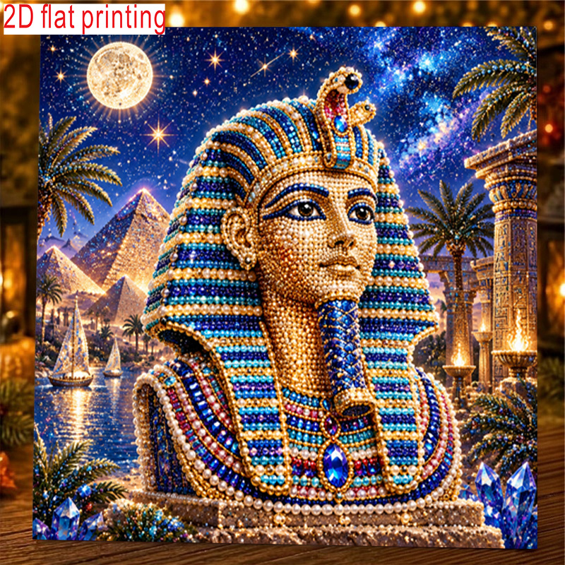 TEMU 1pc, 2d Flat Printing, Pearl Art Diamond Painting Kit, Bust With Starry Sky Full River Nile Pyramids And Ancient Buildings Background, Suitable