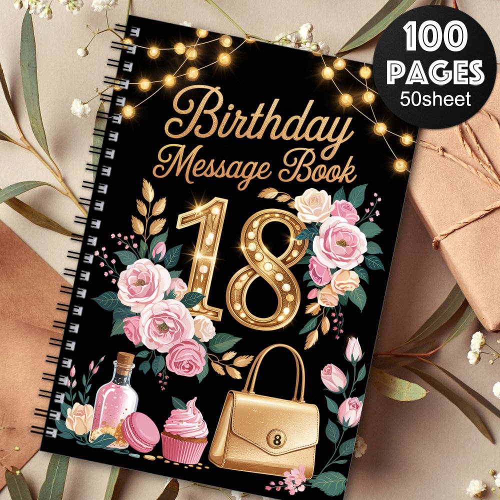 Image of An Elegant Birthday Guestbook And Planner - Floral Birthday Party Decorations Featuring A Golden '18' Number, Spiral-bound Notebook, Suitable For 18th Birthday Parties, Weddings