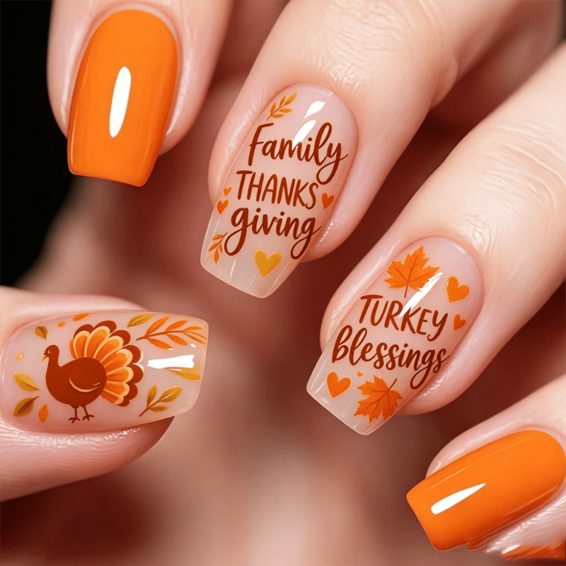 TEMU 72pcs Short Square Thanksgiving Press On Nails, Solid Orange & , Turkey Print, 'family Thanksgiving' & 'turkey ' Lettering, Maple Leaf & Heart