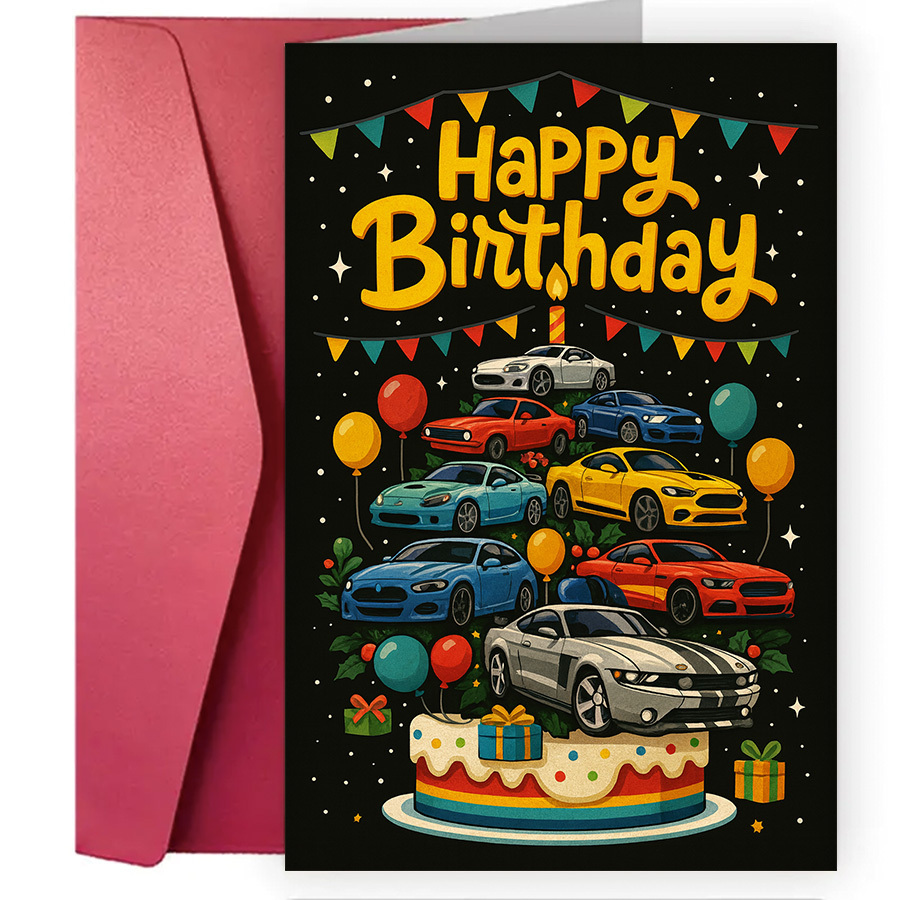 TEMU Carte d'anniversaire avec un design vibrant sur le thème de la voiture, de ballons colorés, de cadeaux et d'un gâteau de fête. Parfaite pour