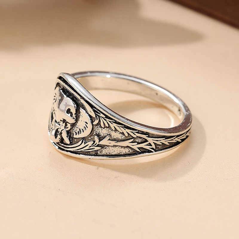 Elephant Head Carved Ring with Leaf Patterns, Totemic Charm