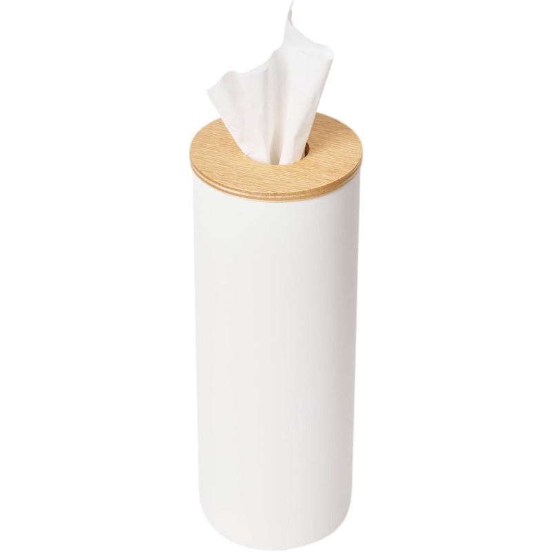 home rin reusable round tissue holder case - heavy-duty steel construction with elegant white & natural wood lid, modern bathroom/office/kitchen tissue dispenser, space-saving cylindrical design, durable metal tissue organizer for home or commercial use,   & hygienic storage, minimalist decor with sturdy base, smooth rounded edges, secure tissue roll  , stylish and functional for bathroom, kitchen, or office, tissue box with storage, tissue holder for bathroom Product details 0