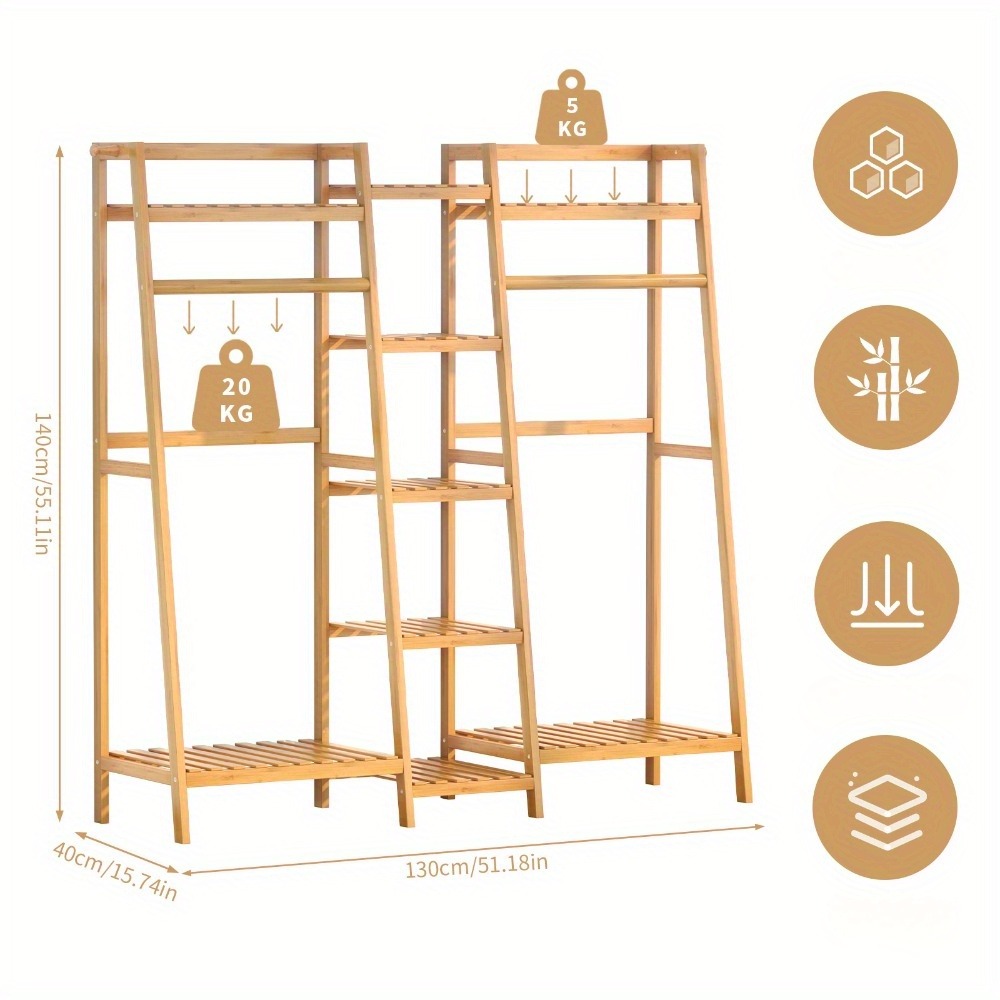 A Bamboo Clothes Hanger Measuring 130 Cm Wide, 40 Cm Deep, And 140 Cm High, Designed For Clothing Storage. It Features An Easy Assembly , A Trapezoidal Shape For Stability, A Multi-hook Design