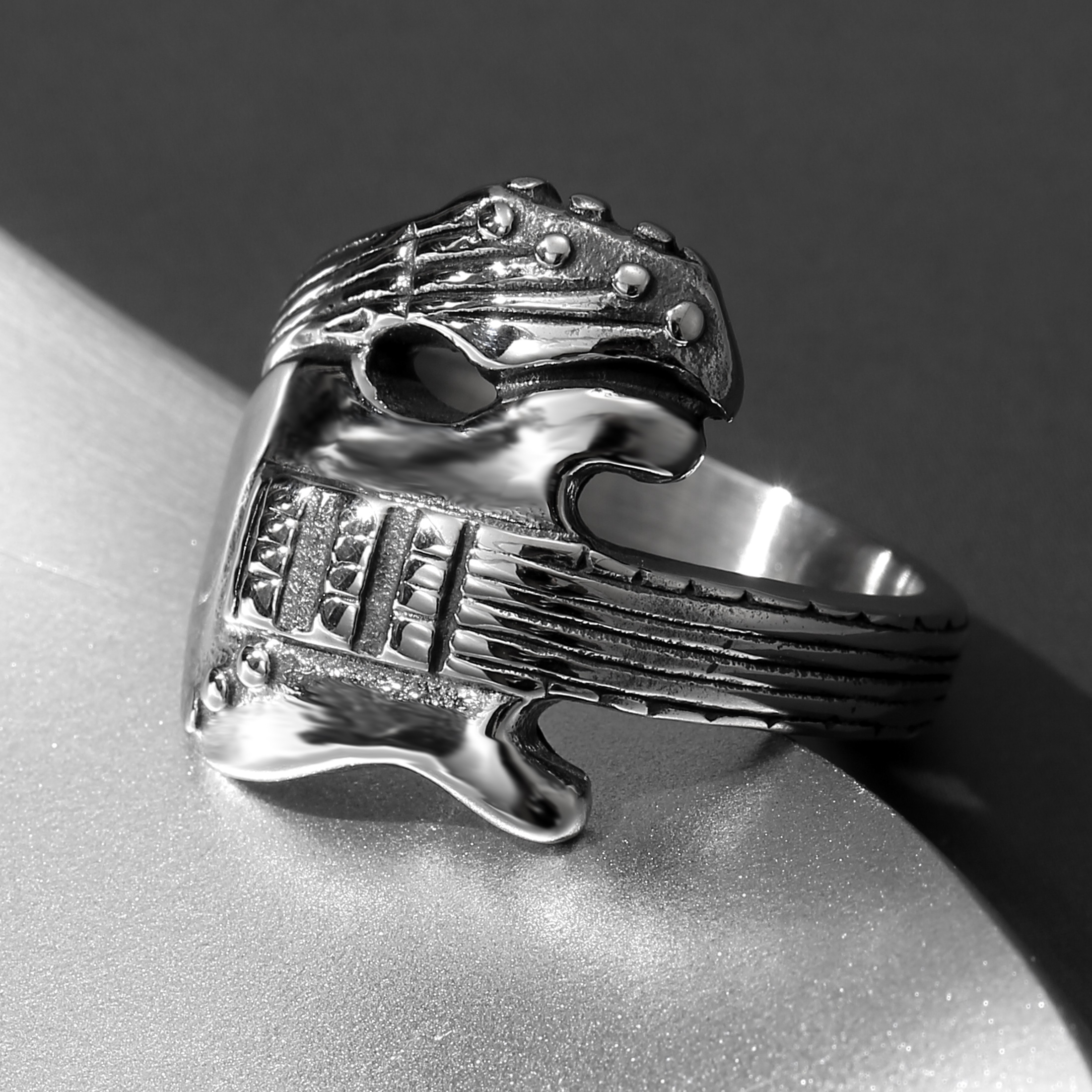 Image of Vintage Silvery 304l Stainless Steel Electric Guitar Shaped Band Ring For Men, Trendy Fashion Style Wide Band, Edgy Streetwear Accessory