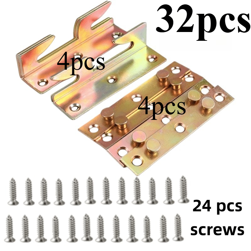 TEMU 32pcs (8pcs Of Hinges + 24 Screws) Heavy-duty Bed Rail Additions, -, Metal Brackets For Frame And Beam Connectors, Furniture Connectors, Support