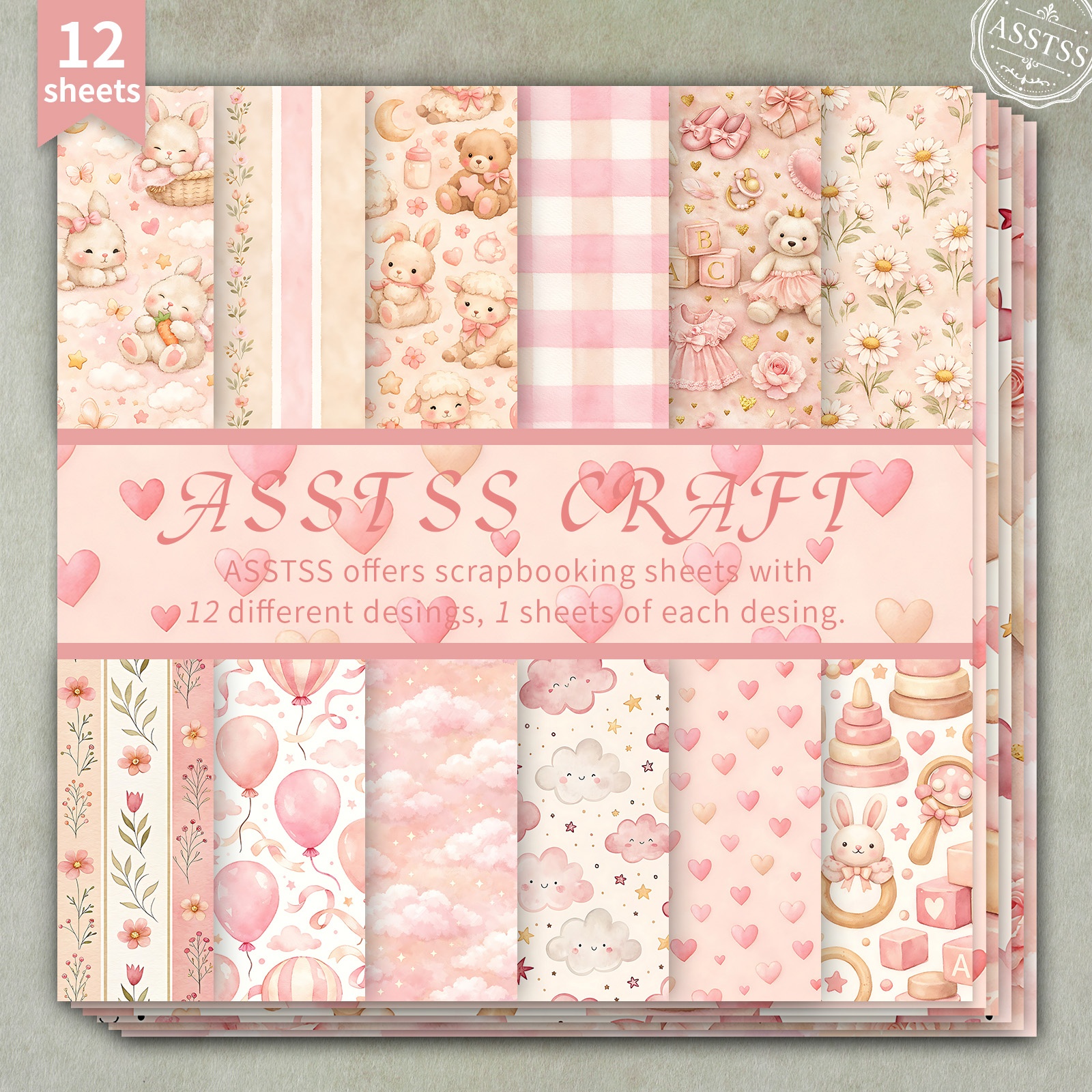 TEMU Bloc de papier scrapbooking ASSTSS de 12 feuilles 6X6 pouces, papier de base style motif écureuil lapin pastel , papier cartonné épais pour