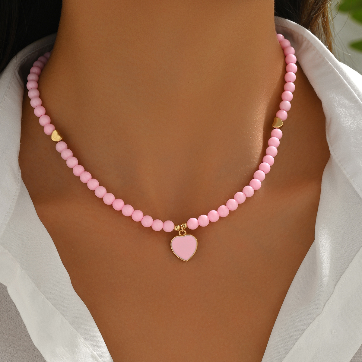 Image of 1pc Women's Bohemian Pink Heart Pendant Acrylic Beaded Adjustable Necklace, Daily Vacation Party Wear, Valentine's Day Gift Birthday Present