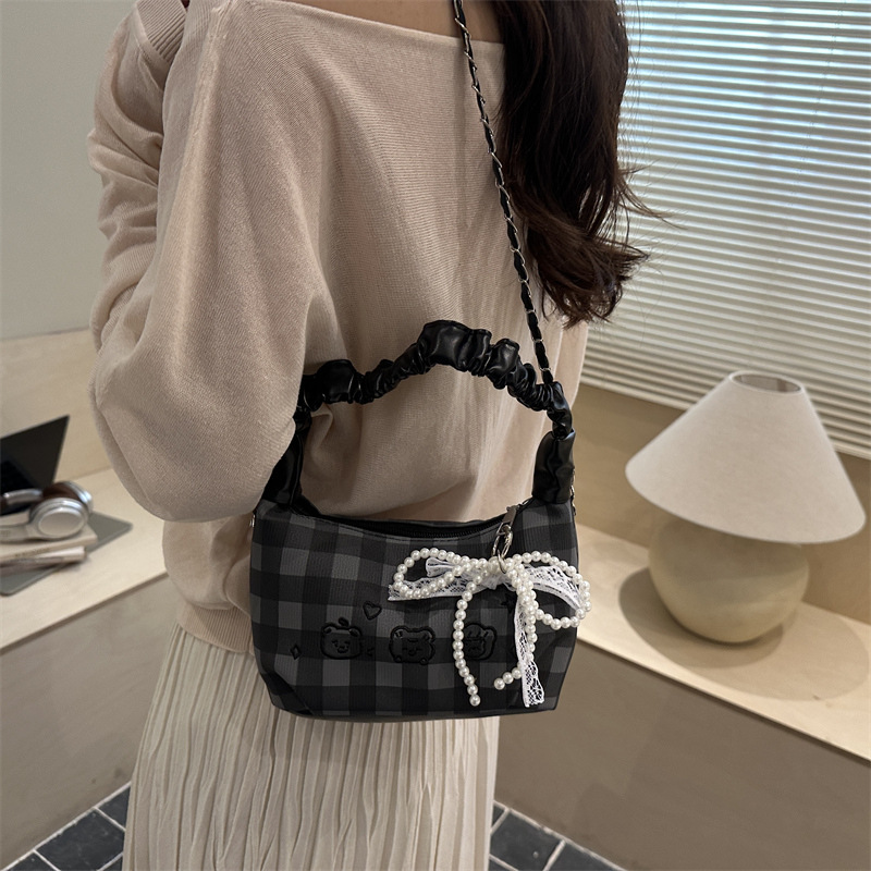 Plaid Ruched‑Handle Hobo Bag Women Pearl Bow Chain Crossbody Shoulder Purse_voghion.com