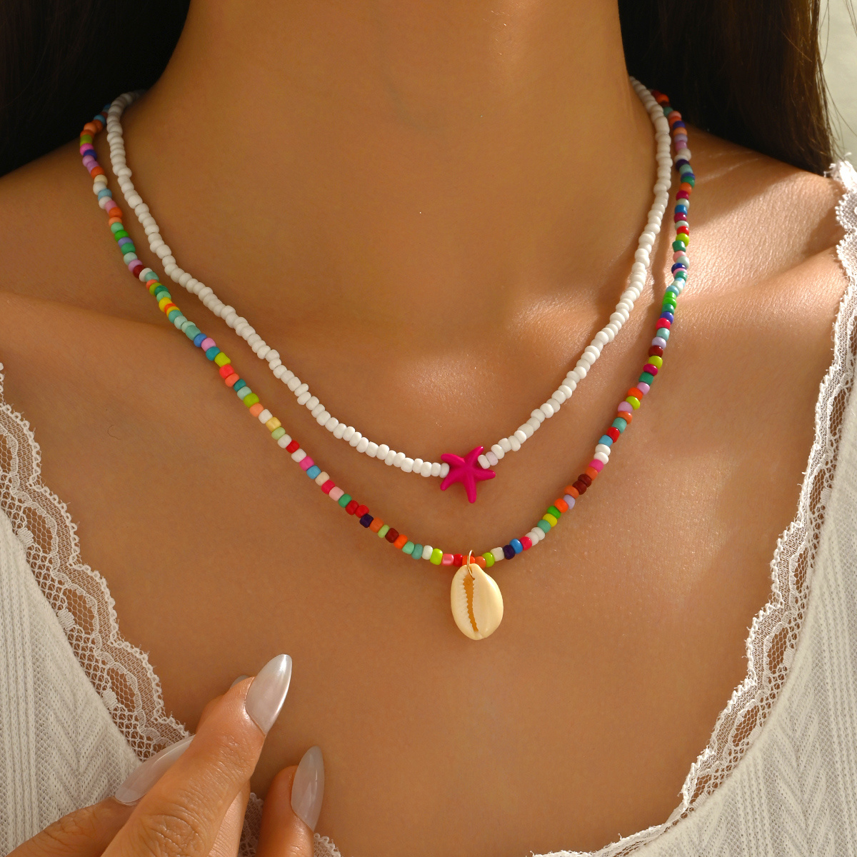 Bohemian Shell & Bead Necklace Set Colorful Choker for Women with Pendant