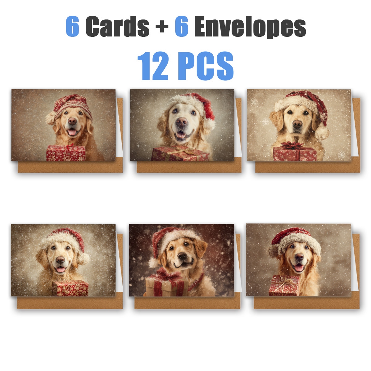 TEMU 1 set/ 12 stuks/ 24 stuks Kerstkaart met hond met kerstmuts en cadeau | Inclusief , wenskaart | Perfect voor verjaardagen, feesten en