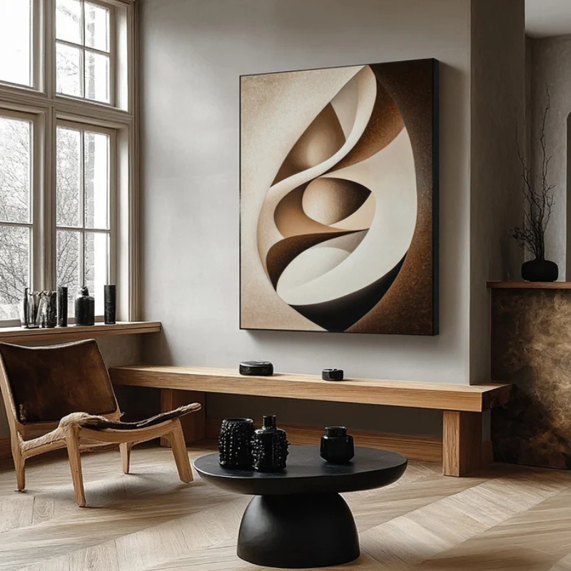 Hand-Painted Abstract Minimalist Canvas Wall Art - Modern Geometric Texture Oil Painting in Brown, Gray, and Beige, Frameless 2D/Flat Design, Suitable for Living Room, Bedroom, Office Decor, Wall Art Decoration