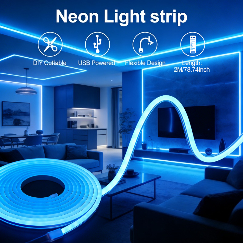 Blue Usb Led Neon Strip Lights 2m/78.74inch, Flexible Cuttable Neon Rope Light, Diy Ambient Mood Lighting For Bedroom Living Room Gaming Stair Wall Decor Aesthetic Room Lighting