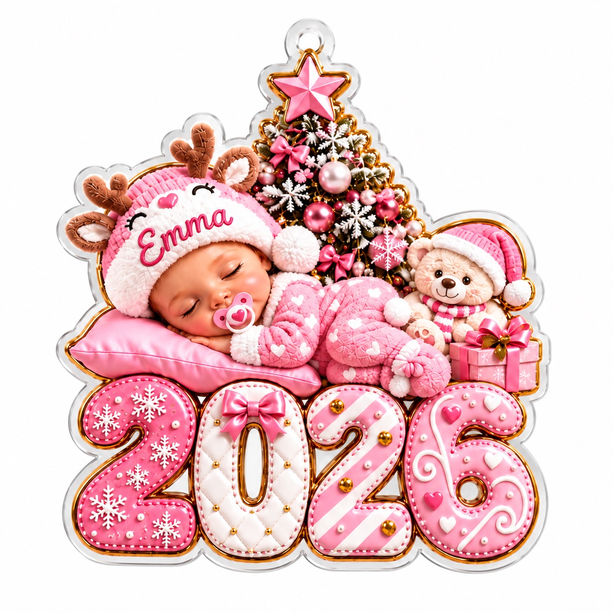 TEMU 2d Flat, 2d Flat Girl Christmas Ornament, Custom Name Pink Acrylic Tree Decoration, Sleeping With Teddy Bear And Reindeer Hat, 10cm Personalized