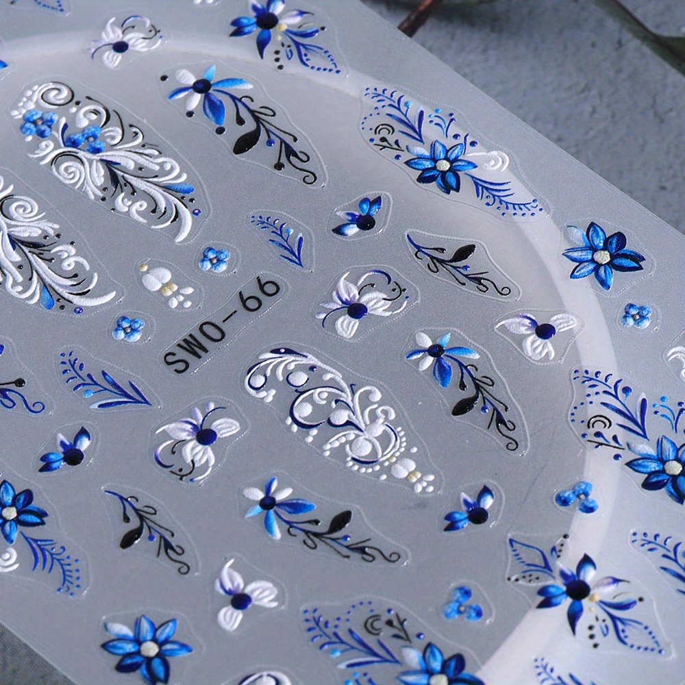 1 Pack Of Blue Flower-patterned Nail Stickers, Featuring A Gradient Floral Vine Design, Self-adhesive For Easy Application, Perfect For Spring And Summer Nail Art