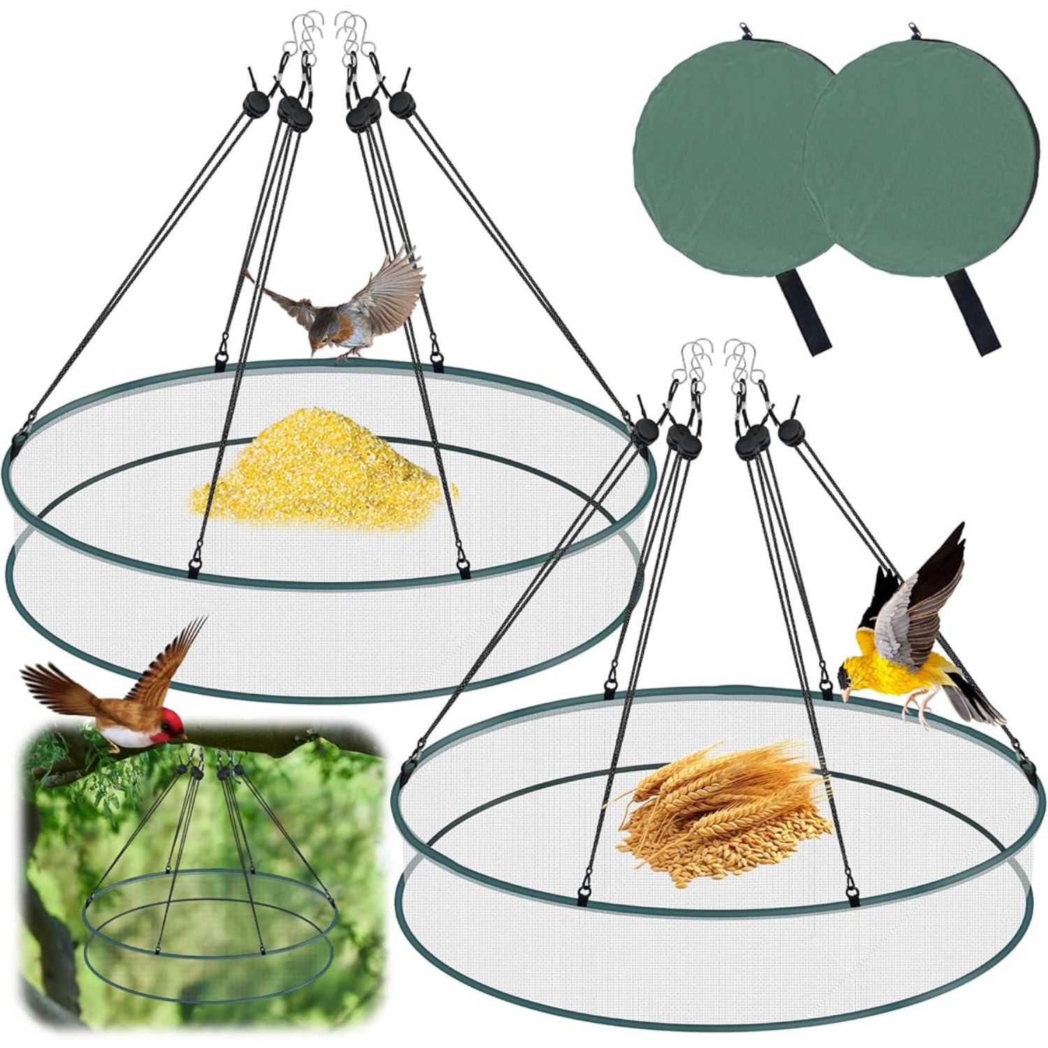 Set Of 2 Hanging Bird Feeders - Wide Feeding Area & Mesh Tray Design To Prevent Seed Spillage; Suitable For Courtyards, Gardens, And ; Collapsible For ; Attracts , , And More.
