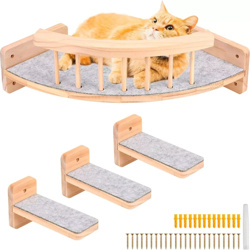 Image of 4pcs Wooden Wall Mounted Set, Floating Indoor Wall Hanging Cat Perch With Hammock, Felt Rest Mat, Scratching Post And 3 Climbing Steps, Space Vertical Cat Wall Furniture For Kitten Adult Cats