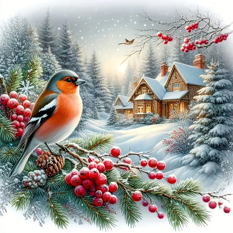 TEMU Autocollant en vinyle de scène de neige hivernale de 6 pouces - de neige et oiseau brillants avec de houx et pommes de pin - Amovible