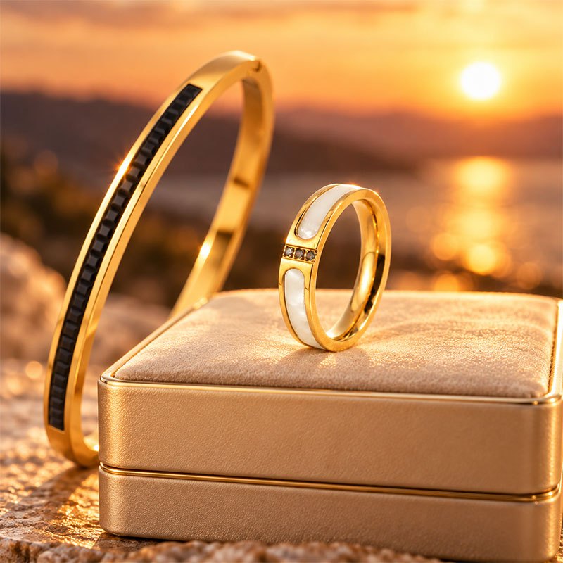 Women's 2pc Adjustable Bangle and Ring Set, Geometric Style