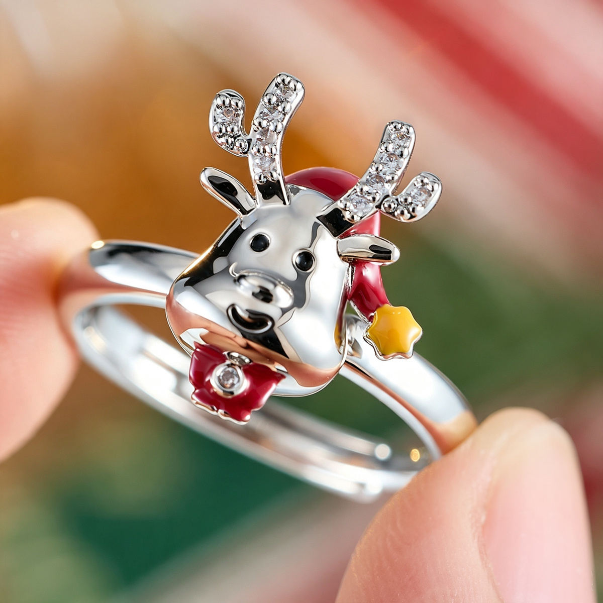 Women's Adjustable Reindeer Ring with Rhinestone, Holiday Gift
