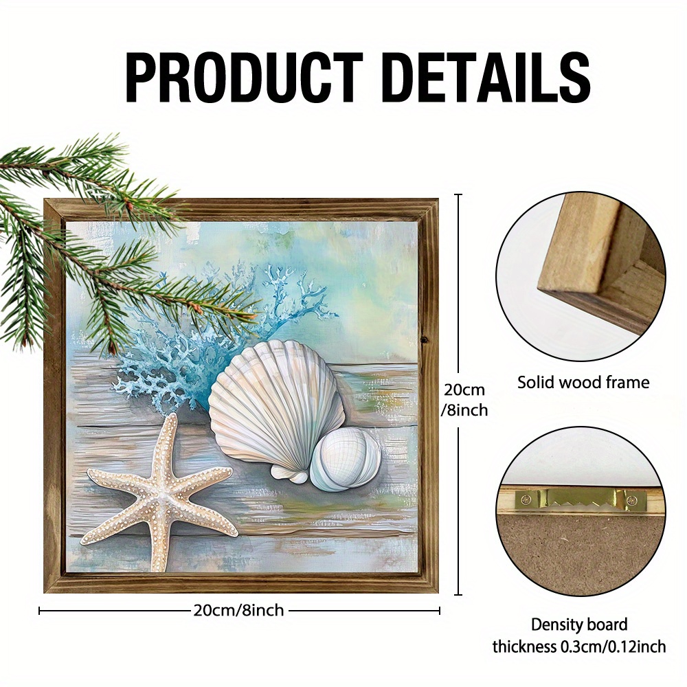 TEMU 1pc Starfish & Watercolor Wooden Framed Wall/tabletop Sign - 8x8 Inch Coastal Beach Decor With Nautical Chart Accent, Farmhouse Style Sea For