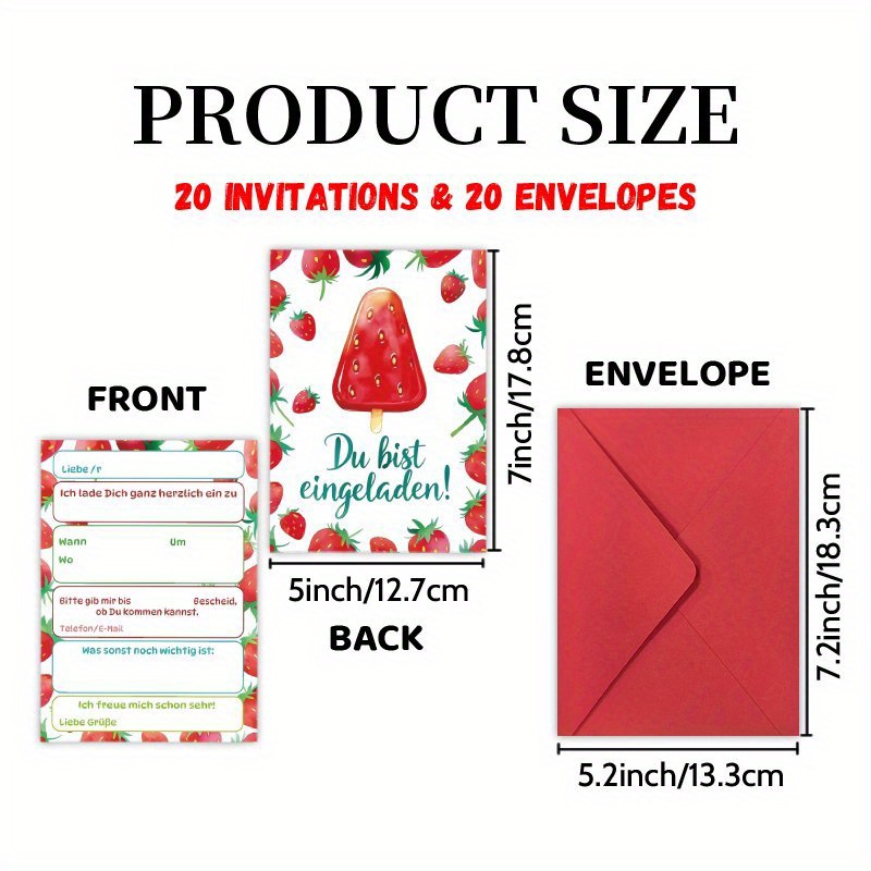 Invitations Letter 20 Cards And 20 Envelopes, Cartoon Strawberry German Party - Milestone Birthday Party Cards, Congrats Invites Friend Reunion Graduate Celebrations & Decorations