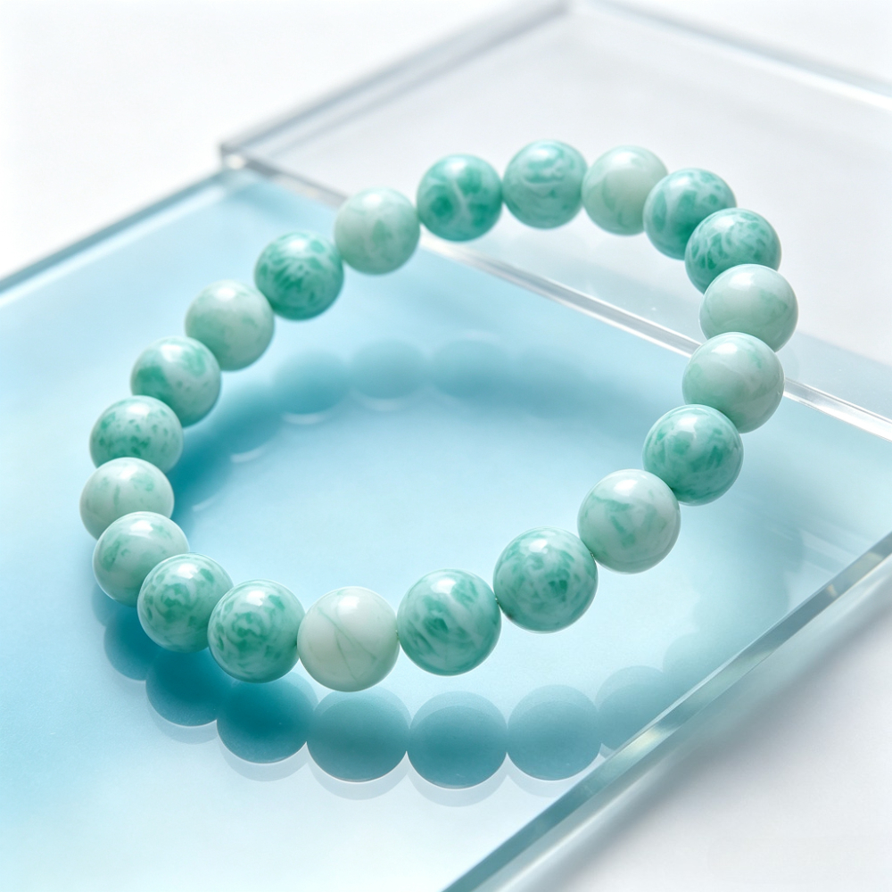 Natural Larimar Round Bead Bracelet, Ocean Pattern Gift