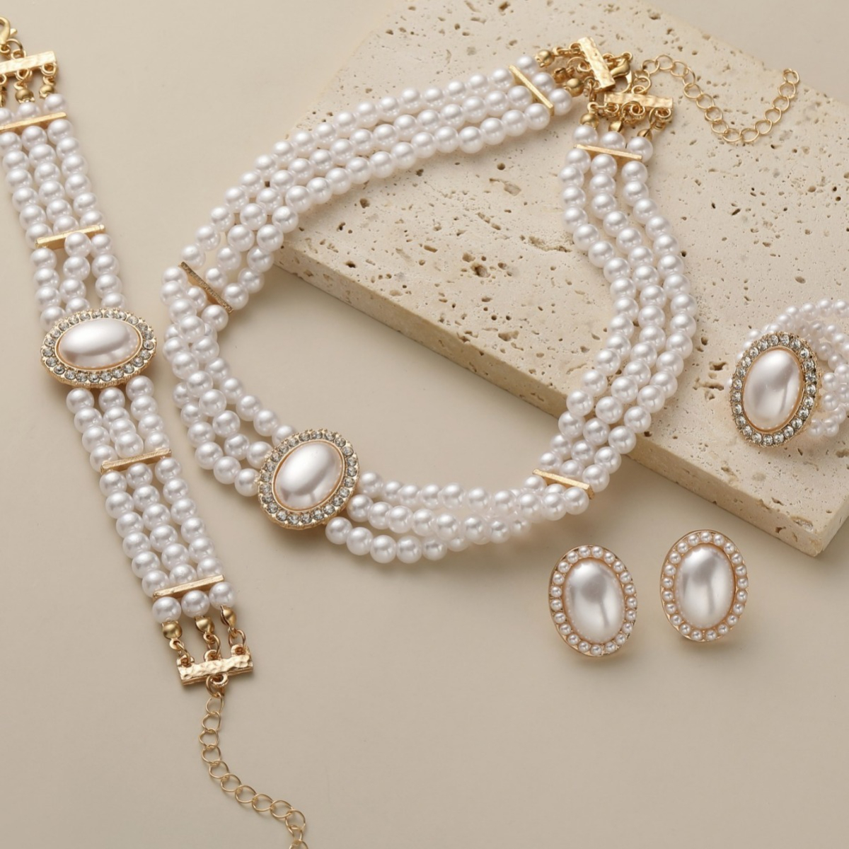 TEMU 4pcs/set Temperament Light Luxury Bead Round Jewelry Set, Necklace, Suitable For Women