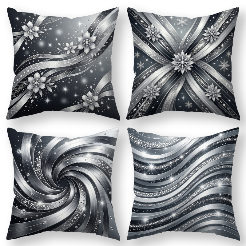 TEMU 4pcs Modern Throw Pillow Covers, Decorative Cushion Cases, Floral And Swirl With Sparkles, Silver - . Versatile Pillow Shams For Sofa, Couch,