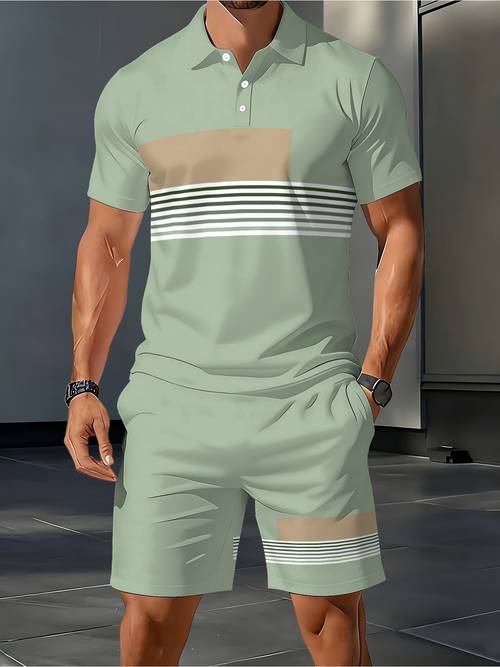 item picture mens shirt short sleeve top and shorts two piece set light green summer casual 2pcs set for outdoor relaxation lightweight breathable stylish striped design for short sleeve and shorts set