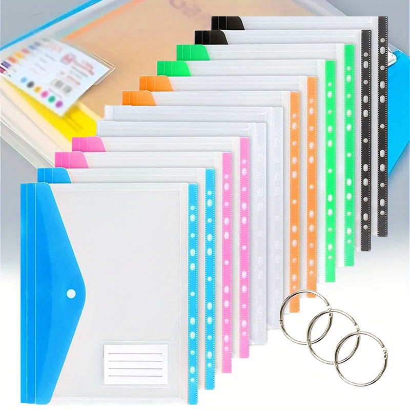 12pcs A4 Plastic File Folders with Snap Closure & 11-Hole Punch - Heavy-Duty Clear Binder Organizers   Pocket, Color-Coded Dividers for School, Office, Home, Travel - Compatible with 2/3/4-Ring Binders (  Options) - Large Capacity Document Storage, Durable & Easy to Organize,   Label Pocket for Easy Identification, Secure Snap Button for Contents