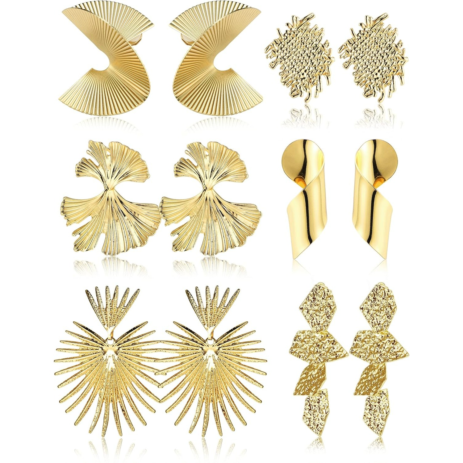 Image of 6pairs Golden Clip On Earrings For Women Trendy Non Piercing Dangle Earrings Exaggerated Heart Flower Leaf Statement Earrings Large Earrings For Non-pierced Ears Fake Earrings Set