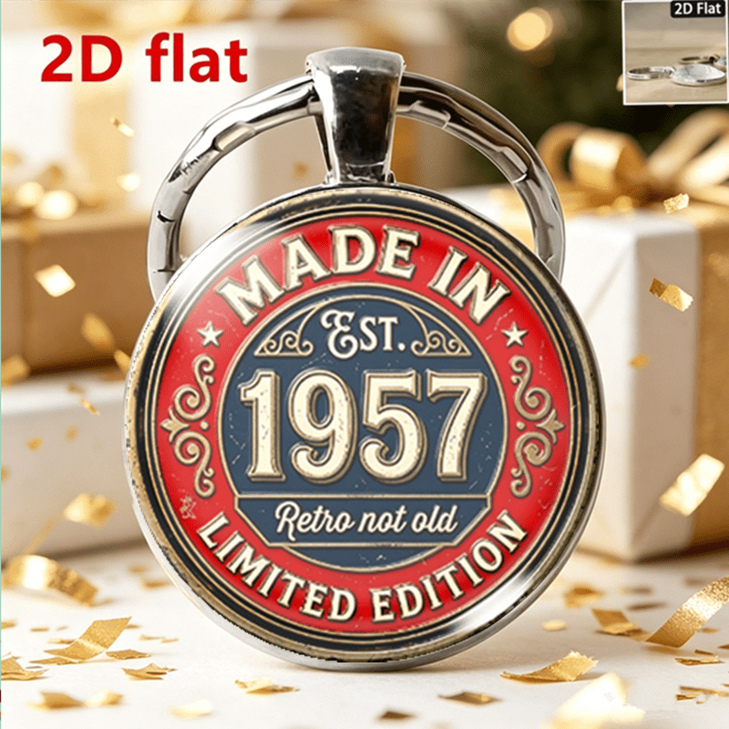 TEMU 2d Flat, 2d Flat Alloy Glass Keychain With 1957 Vintage Red-border Edition Birth Commemorative Logo Pattern In English / Made In 1957 Retro Not