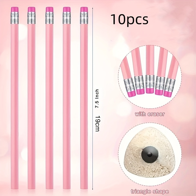 Image of 10-pack Wooden Pencils With Erasers - Medium Point 0.5mm Triangular Graphite Pencils, Suitable For Office Supplies, Student Supplies - Durable Writing And Sketching Pencils