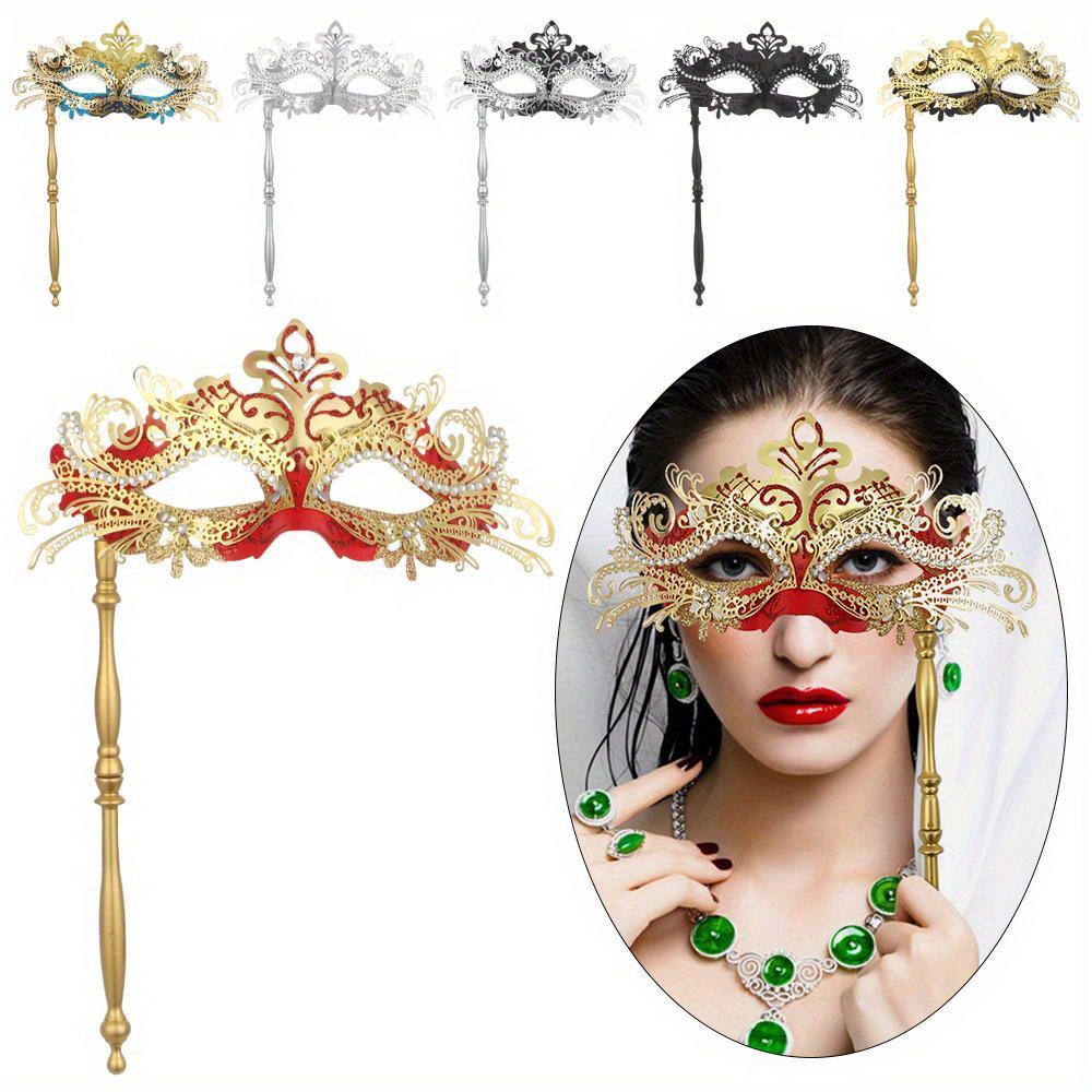 1pc Venetian Masquerade Mask with Holding Stick - Ornate Baroque Style Rhinestone-Adorned Metal Frame & Lightweight Plastic Mask, Adjustable Strap & One Size Fits Most (19.5x9.5cm) - Elegant Golden/Red/Black/Clear/Green/Blue for Women's Mardi Gras, Halloween, Costume Parties - No Glue Paint Application Required