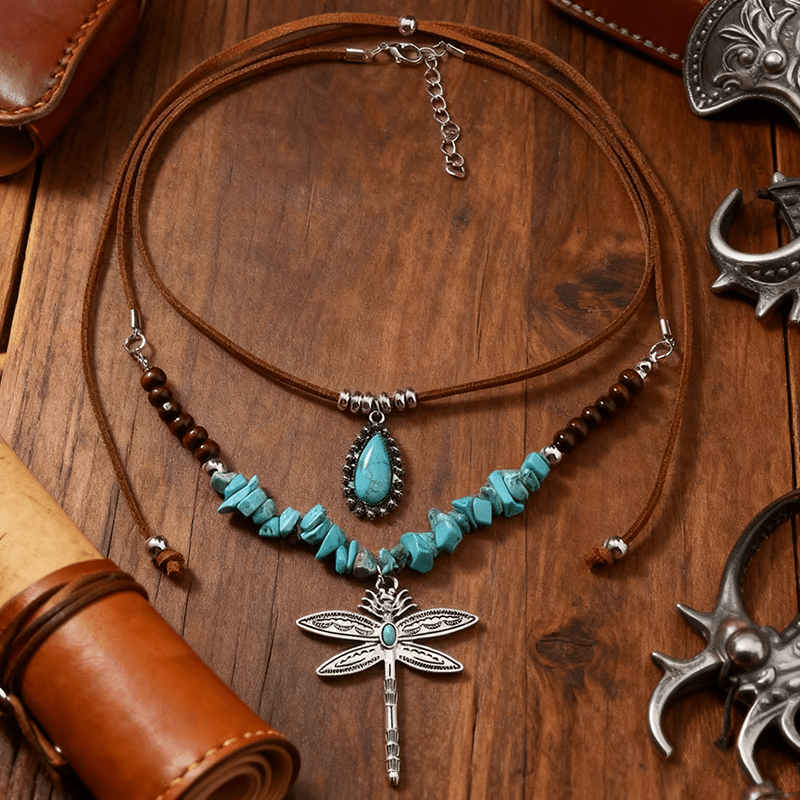 E-shop 2er-Set Vintage Western Stil Libellenanhänger | Mehrschichtige Türkis-Perlenkette mit Bohemian-Tropfensteinen und brauner Kunstlederschnur,
