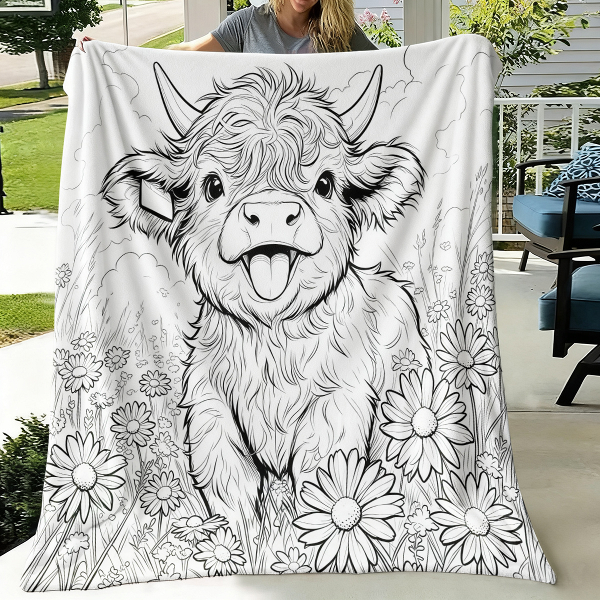 TEMU 1pc Highland Cow And Daisy Floral Line Art Coloring Fleece Blanket, Adult Relaxation Painting Mat, Washable Decorative Blanket, Suitable For